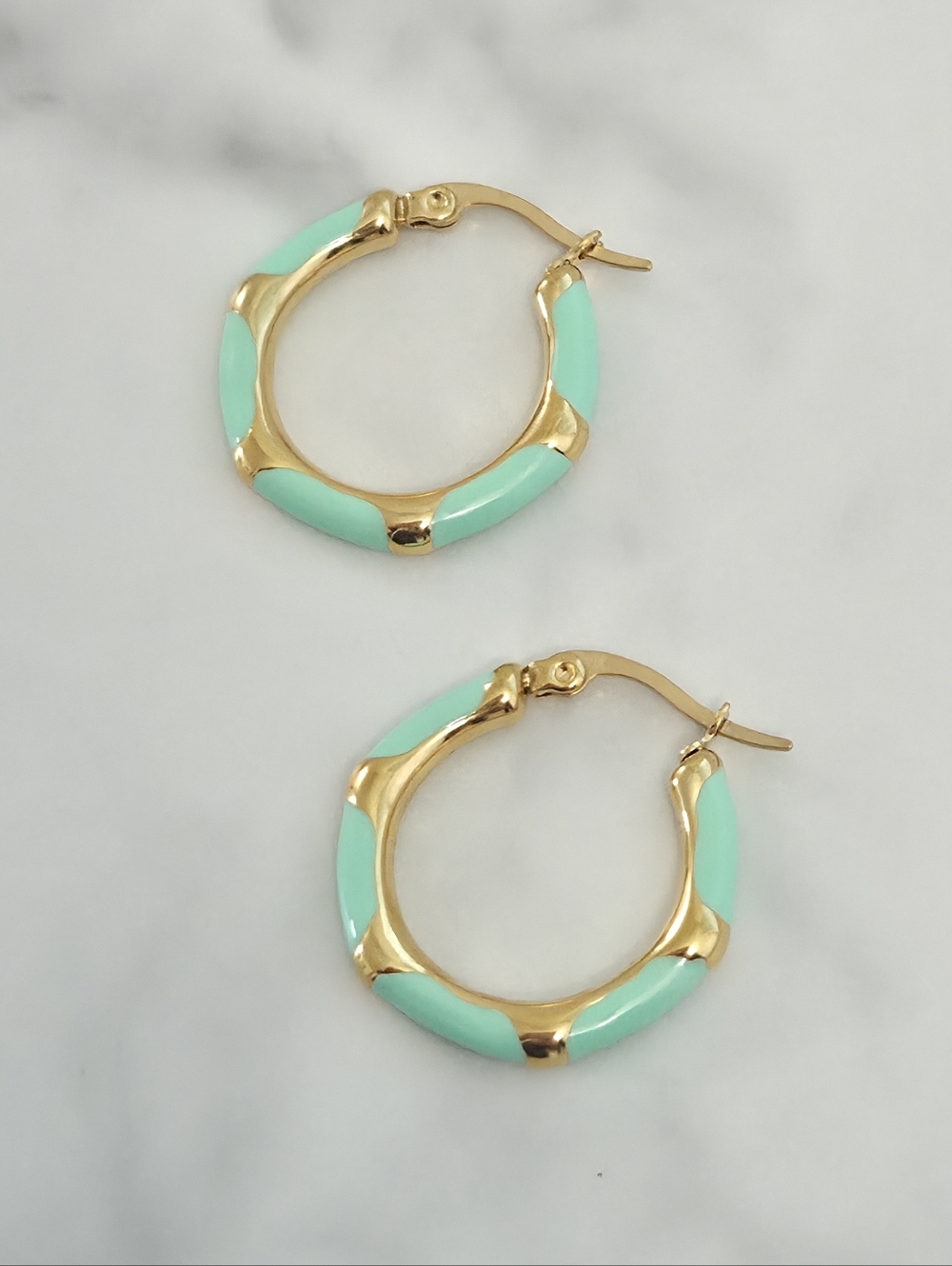 Gold & Vibrant Mint Green Enamel Bamboo Style Hoop Earrings Women Jewelry